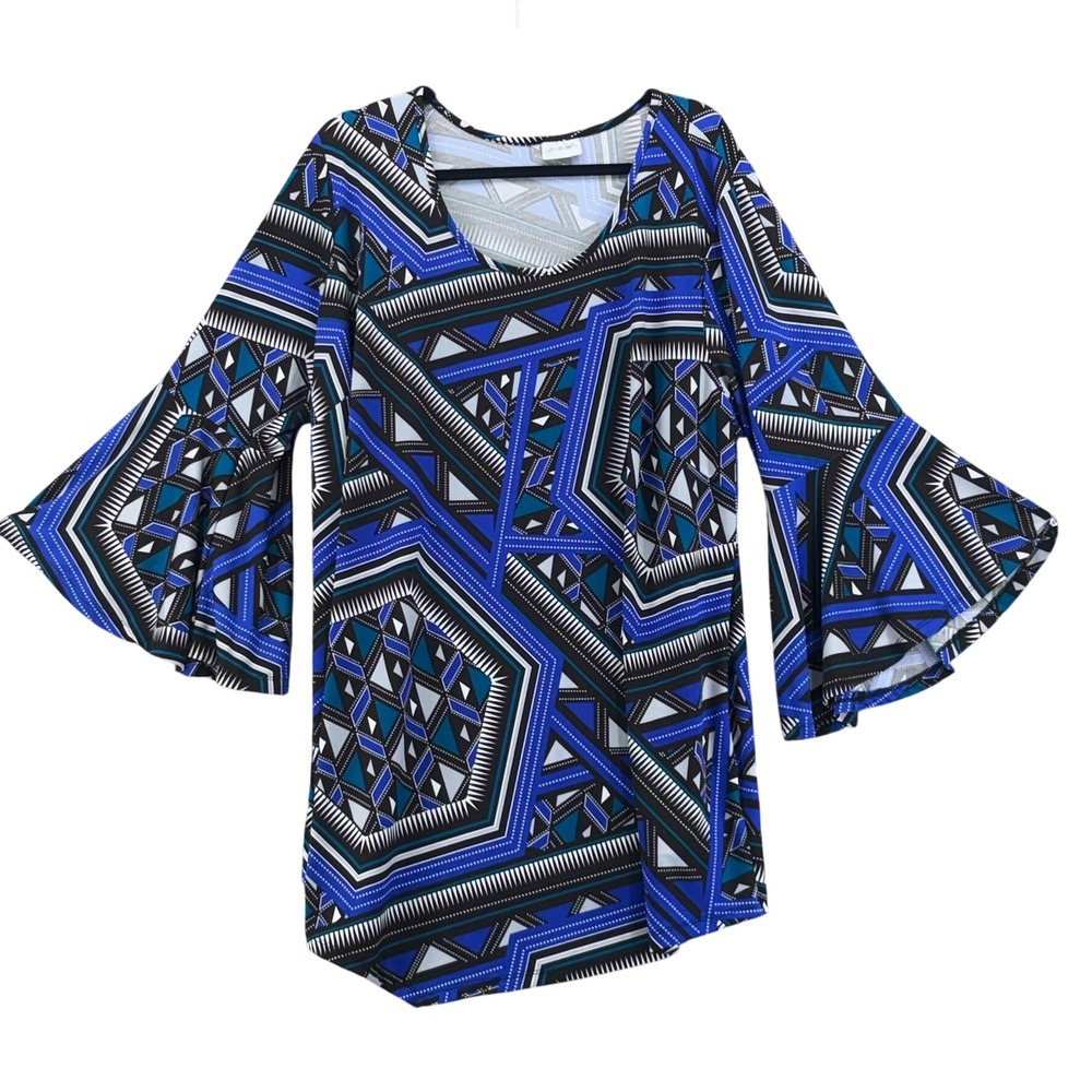 Avenue Women Tunic Size 2X Bell Sleeves Asymetrical Hem Geometric Bohemian Artsy